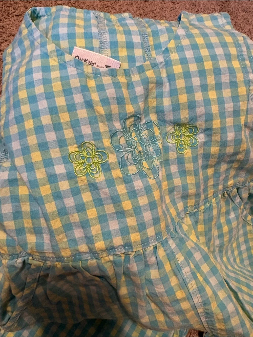 Vintage OshKosh/ Blue Gingham floral embroidered romper